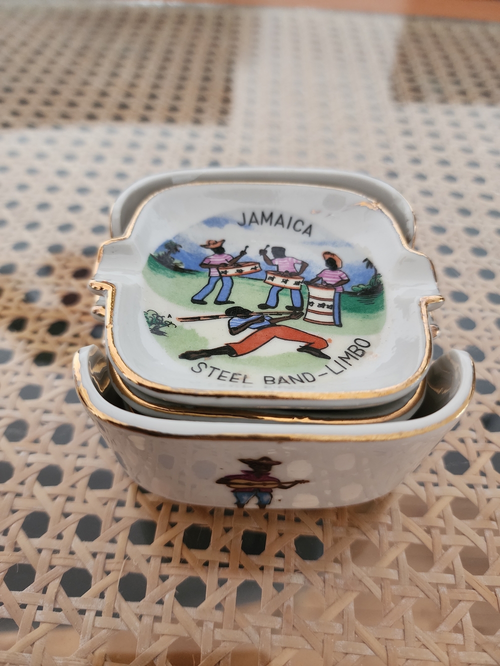 Vintage Set Stackable Porcelain Ashtrays ~ Jamaica Rio Grande Limbo Steel Band